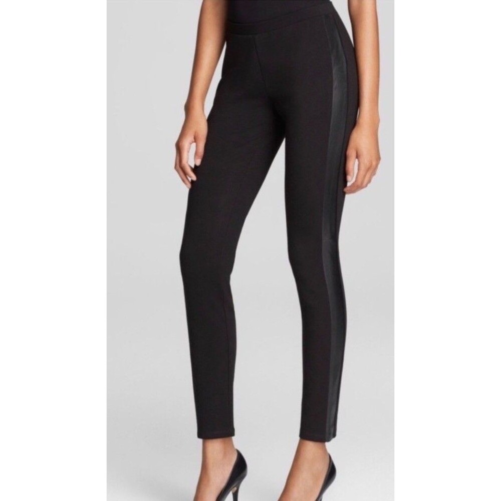 Eileen Fisher Leggings Pants M Black Leather Trim Italian Fabric Stretch Pull On